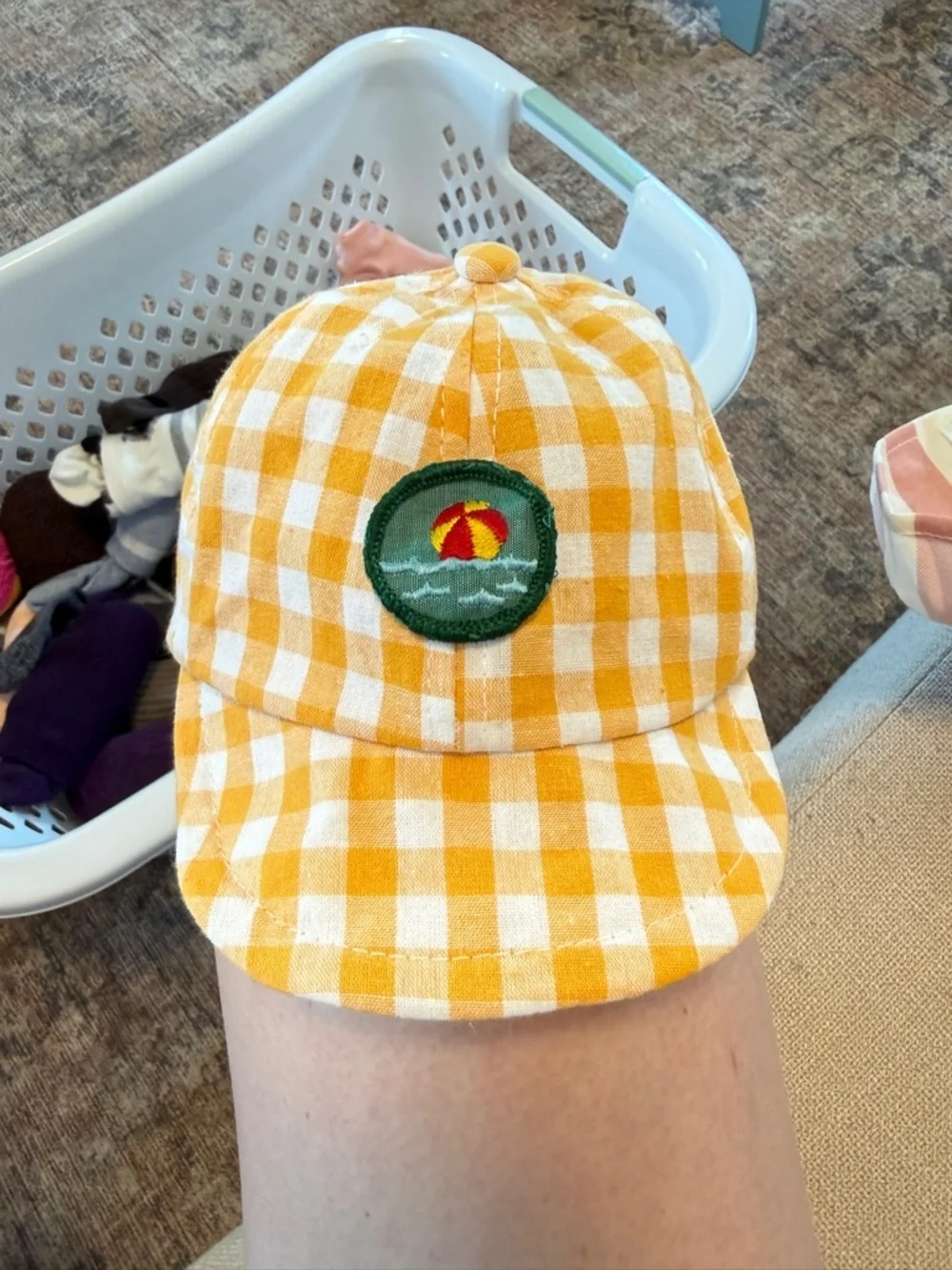 Yellow Gingham Baseball Hat with Vintage Girl Scout Beach Patch